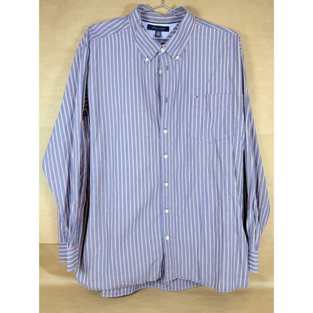 Tommy Hilfiger Mens XXL Blue Red Stripe Button Down Shirt Long Sleeve Flag